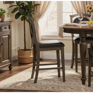 Sunvega Antique White Finish Black Leather Seat Farmhouse Counter Stool