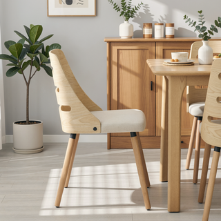 Sunvega Mid-Century Modern Dining Chair with Cream Fabric and Natural Wood Backrest