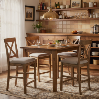 Sunvega Tan and Weathered Oak Cross Back Counter Height Stools with Linen Upholstery