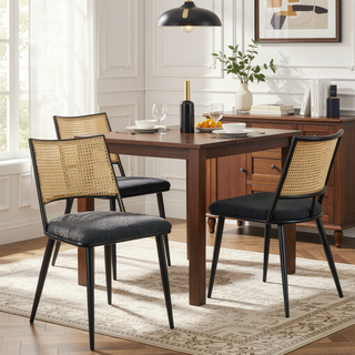 Sunvega Mid-Century Modern Dining Chairs with Rattan Backrest & Thick Boucle Cushion
