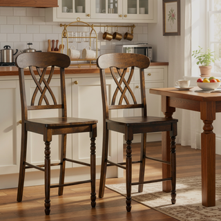 Sunvega Walnut Counter Height Stools with Scooped Seat and Footrest Set of 2