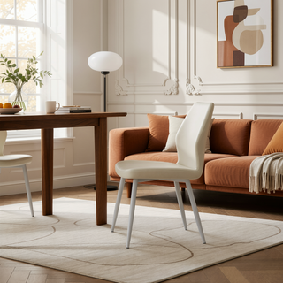 Sunvega Modern Beige Velvet Upholstered Dining Side Chairs with White Metal Legs