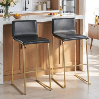Sunvega Contemporary Gold Steel and Black Faux Leather Barstool Set of 2