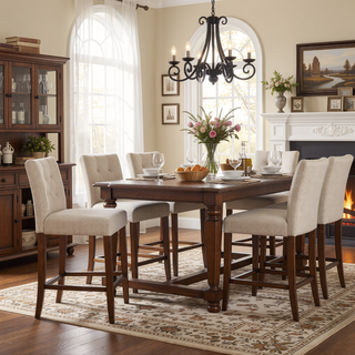 Sunvega Dorian Beige Fabric Counter Chair Set of 2 with Teak Wood Frame