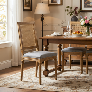 Sunvega French Country Dining Chairs with Cane Backrest Upholstered Seats and Fluted Legs