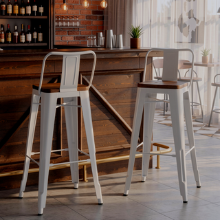 Sunvega White Metal and Wood Bar Stools with Curved Back and Footrest Set of 2