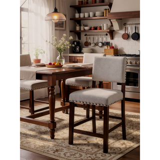 Sunvega Industrial Style Brown Cherry Ivory Upholstered Fabric Counter Height Dining Chairs