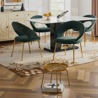 Sunvega Velvet Fabric Dining Chair with Curved Backrest and Golden Metal Legs for Kitchen