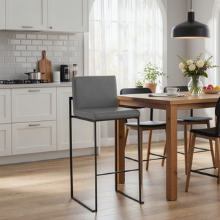 Sunvega Fuji Contemporary High Back Barstool Set of 2 in Black Steel and Grey Faux Leather