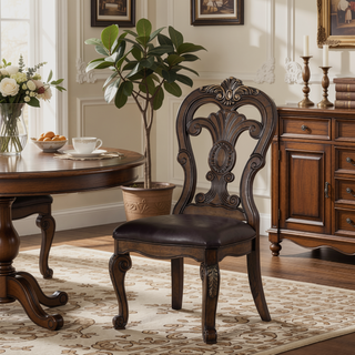 Sunvega Traditional Dark Brown Solid Rubberwood Side Chairs with Ornate Corbels
