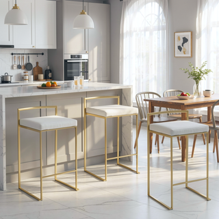 Sunvega Gold Metal and White Faux Leather Upholstered Stackable Counter Stool Set of 3