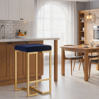 Sunvega Midas Gold Blue Velvet Contemporary Glam Counter Stool Set of 2