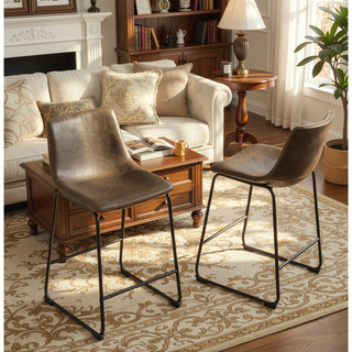Sunvega Antique Brown PU Leather Counter Height Stools with Iron Frame, Set of 2