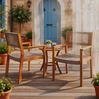 Sunvega Teak and Light Brown Rope Braided Dining Chair Set of 2