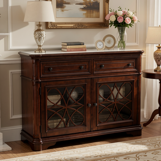 Sunvega Contemporary Silver Finish Server Cabinet with 2 Drawers and Glass Doors