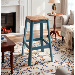 Sunvega Teal Finish Casual Look Bar Stool with Square Wooden Seat and Metal Frame