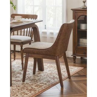 Sunvega Mid-Century Modern Walnut Beige Curved Panel Back Side Chair with Padded Seats
