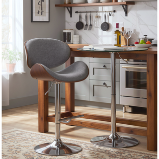 Sunvega Bentwood Adjustable Swivel Bar Stool with Grey Linen Fabric and Walnut Veneer