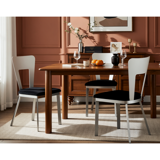 Sunvega Contemporary Silver Metal Frame Oval Back Dining Chairs with Black Microfiber Seat