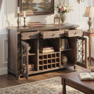 Sunvega Weathered Cherry Finish Bench with PU Leather Cushion and 16" Floor Clearance