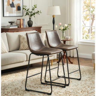 Sunvega Antique Brown PU Leather Counter Height Stools with Iron Frame, Set of 2