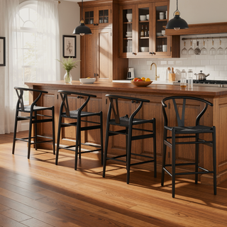 Sunvega Mid-Century Wishbone Barstool with Woven Papercord Seat Fully Assembled Walnut