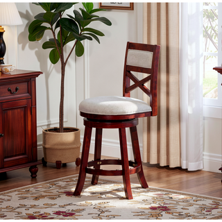 Sunvega 24 Inch Counter Height X-Back Swivel Stool with Beige Fabric Seat and Cherry Finish