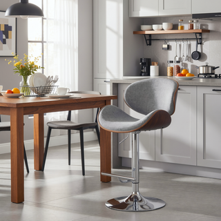 Sunvega Bentwood Adjustable Swivel Bar Stool with Grey Linen Fabric and Walnut Veneer