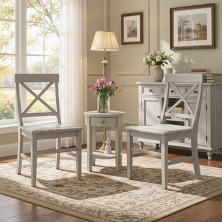 Sunvega Farmhouse Acacia Wood X-Back Dining Chairs in Light Grey Wash Set of 2