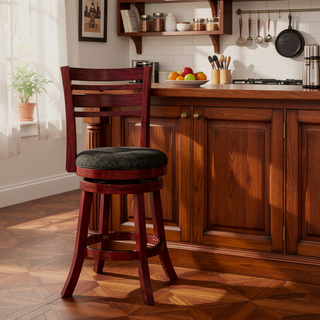 Sunvega Cherry Finish Beige Fabric Slat Back Swivel Stool for Counter Height