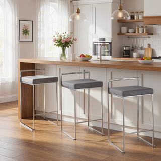 Sunvega Contemporary Stackable Counter Stool with Grey Faux Leather and Brushed Stainless Steel