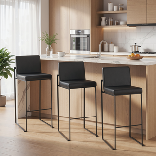 Sunvega Contemporary High Back Barstool Set of 3 in Black Faux Leather