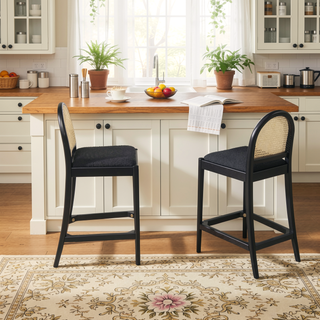 Sunvega Natural Oak and Cane Rattan Counter Stools with Black Boucle Upholstery