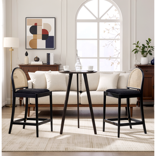 Sunvega Natural Oak and Cane Rattan Counter Stools with Black Boucle Upholstery