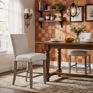 Sunvega White Fabric Finish Bar Stool with Nailhead Trim in Transitional Style