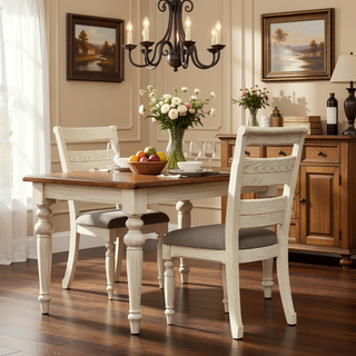 Sunvega Whitewash Finish Ladder Back Side Chair with Padded Taupe Fabric Seat Set of 2