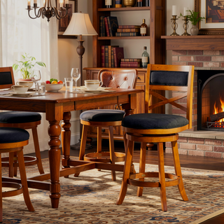 Sunvega 24 Inch Counter Height X-Back Swivel Stool with Beige Fabric Seat and Cherry Finish