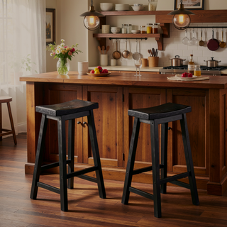 Sunvega Black Finish Bar Height Solid Wood Saddle Seat Stools Set of 2