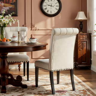 Sunvega Sand and Rustic Espresso Tufted Side Chairs with Rolled Backrest and Padded Seat