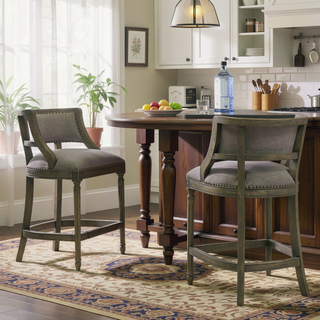 Sunvega Farmhouse Counter Height Bar Stool with Backrest in Heathered Grey Linen