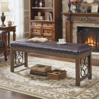 Sunvega Black Faux Leather Upholstered Weathered Cherry Dining Bench with Nailhead Trim