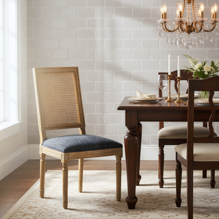 Sunvega French Country Dining Chairs with Cane Backrest Upholstered Seats and Fluted Legs