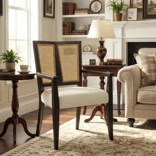 Sunvega Mid-Century Modern Cane Back Arm Dining Chairs with Upholstered Seat Set of 2