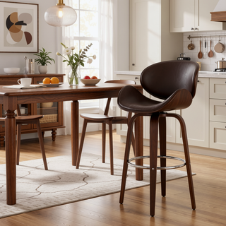 Sunvega Mid-Century Modern Swivel Barstool with Faux Leather Upholstery and Walnut Frame