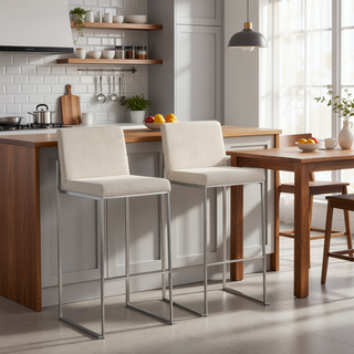 Sunvega Fuji Contemporary High Back Barstool with Padded Seat and Backrest in Stainless Steel and Beige Fabric - Set of 2