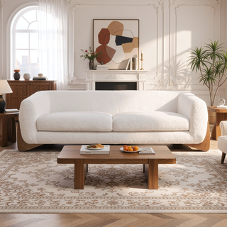 Sunvega Modern Puffy Platform Bed with Arched Headboard in Ivory White Boucle
