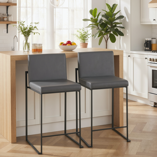 Sunvega Contemporary High Back Counter Stool with Padded Seat and Backrest in Black Steel and Grey Faux Leather - Set of 2