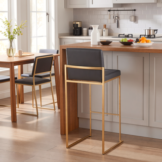 Sunvega Gold Steel Frame Grey Faux Leather High Back Barstool Set of 2