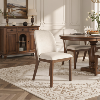 Sunvega Mid-Century Modern Kaitlyn Beige Linen Dining Chair Set of 2 with Solid Wood Legs
