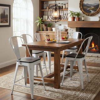 Sunvega Industrial High Back Counter Stools with Steel Frame and Bamboo Seat